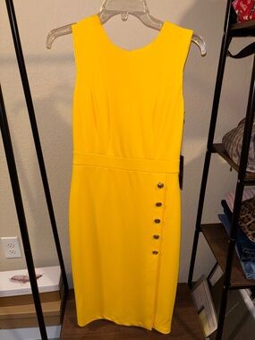 Karl Lagerfeld Bright Yellow Sleeveless Midi Dress with Side Buttons